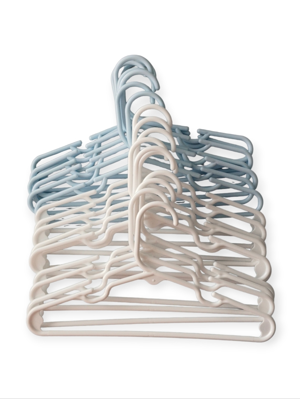 LOT OF 17 BLUE AND WHITE PLASTIC HANGERS